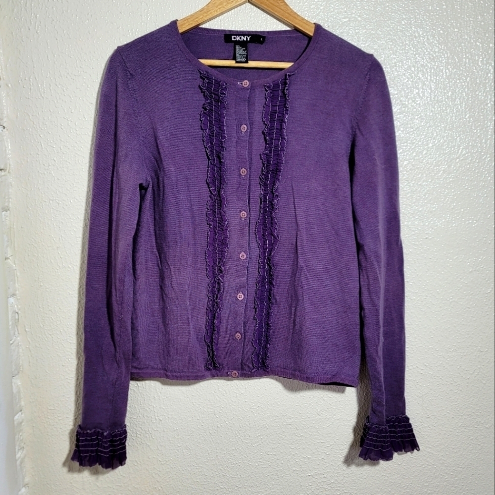 y2k DKNY 100% Merino Wool Silk Ruffle Accent Button Down Cardigan sz L Purple